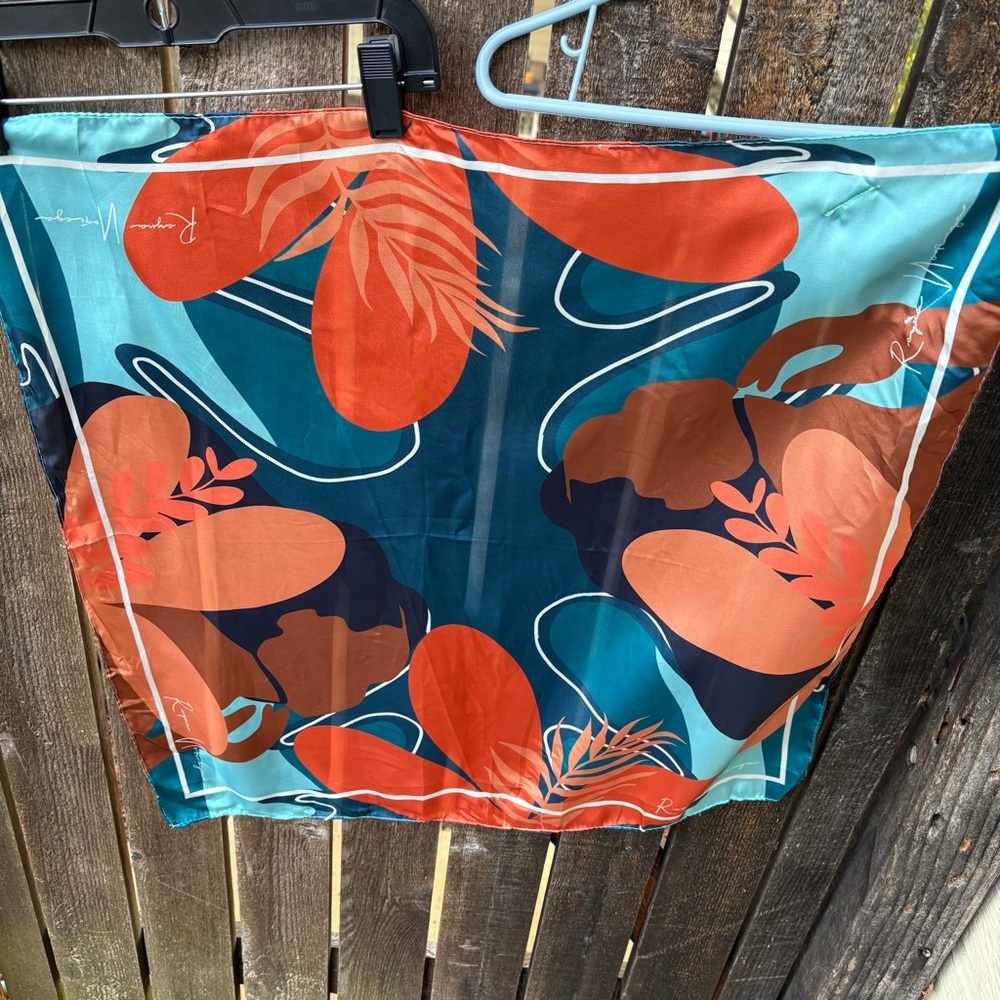 Reyna Noriega x Goody Ouchless Satin Floral Teal and Orange Square Scarf - Picture 5 of 10